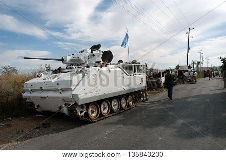 TYR, LEBANON-OCTOBER 18:Unidentified UN soldier on patrol on October 18, 2006 in Tyr, Lebanon