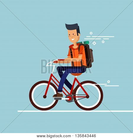 Young guy having fun riding bicycle with backpack . Kid having free time on weekend