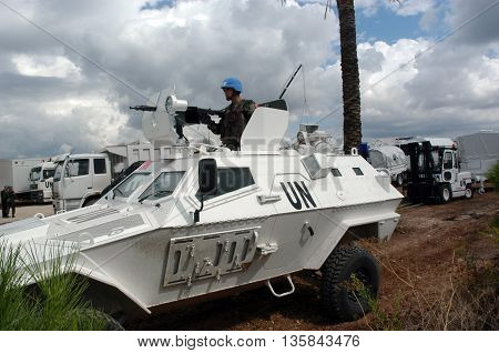 TYR, LEBANON-OCTOBER 21, 2006: Unidentified Turkish UN vehicle on patrol on October 21, 2006 in Tyr, Lebanon
