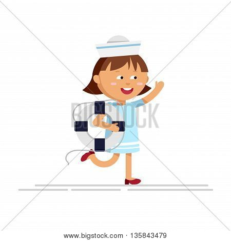 Cartoon girl in blue dress with lifeline in white background