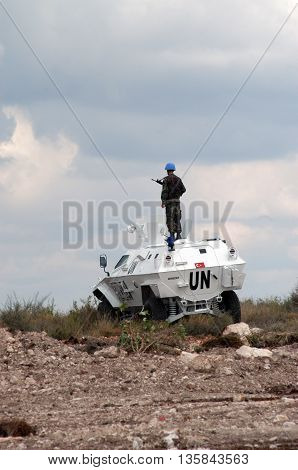 TYR, LEBANON-OCTOBER 21, 2006: Unidentified Turkish UN vehicle on patrol on October 21, 2006 in Tyr, Lebanon