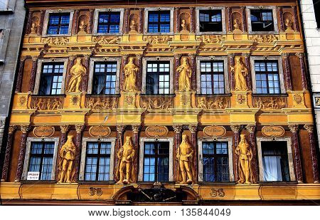 Wroclaw Poland - June 13 2010: Painted facade of 1672 House of the Seven Electors in the Rynek main market square