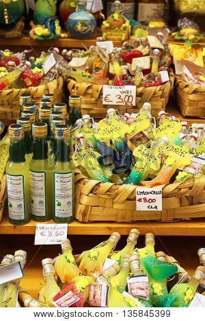 Amalfi, Italy - September 21, 2010 - Lemoncello In Various Shapes Sold In Market In Amalfi Italy