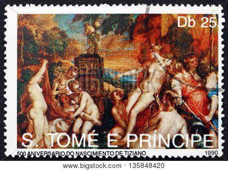 SAO TOME AND PRINCIPE - CIRCA 1990: a stamp printed in Sao Tome and Principe shows Nymphos Painting by Titian circa 1990