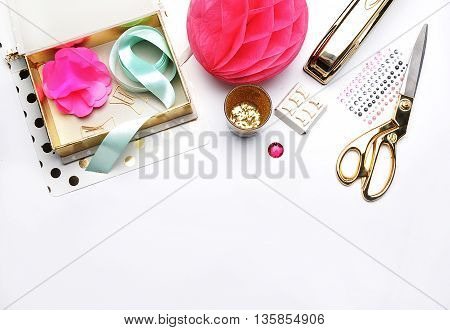 Flat lay. Stationery golden. Background mock up. Hero and header for site