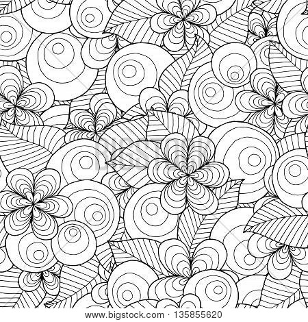 Seamless asian ethnic floral retro doodle black and white pattern in vector. Background with floral elements. Can be used for wallpaper, pattern fills, coloring books and pages for kids and adults.