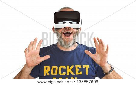 Mature Man Wearing Virtual Reality Googles / Vr Glasses