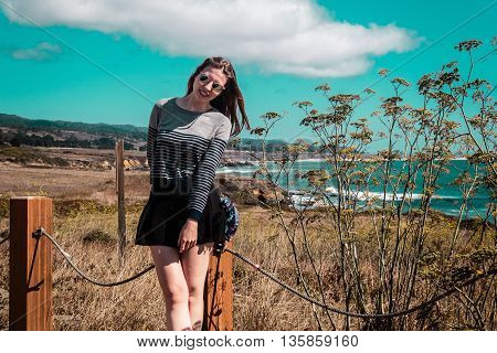 Girl And Oceanview From California Coast, United States