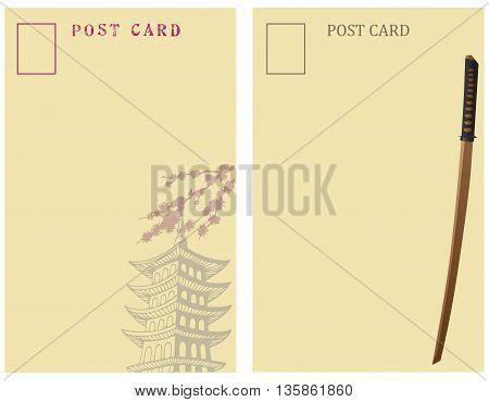 Vintage Post Cards Japan. On the back of the card Japan symbols - pagoda and Japanese sword.