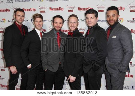 (L-R) Brad Greer, Jesse JP Johnson, Gabe Violett, Eric Michael Krop, Mike Backes & Josh Dawson of The Broadway Boys attend the Woman's Day Red Dress Awards on February 10, 2015 in New York City.