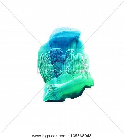 Hand drawn green and blue shape. Colorful artistic stains. Isolated on white background. Ink illustration. Monotype effect.