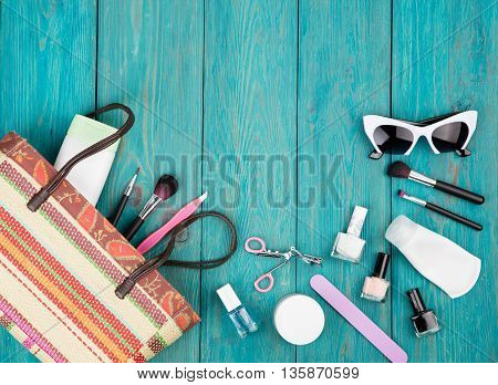 Travel Concept - Summer Women Set With Straw Bag, Sunglasses, Cosmetics Makeup And Essentials