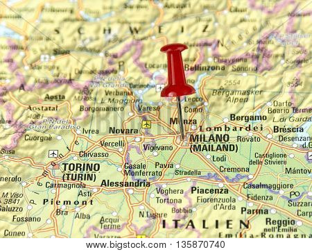 Map with pin set on Milan, Italy.
