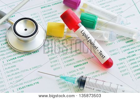 Test tube with blood sample for lipid panel test