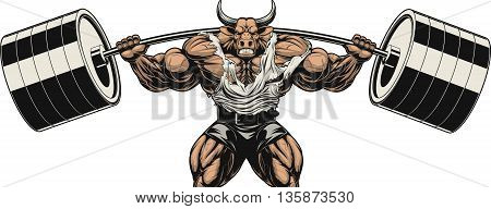 Vector illustration strong ferocious bull holds the barbell on your shoulders