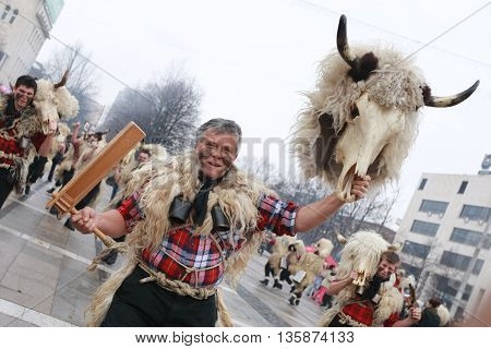 Pernik, Bulgaria - January 30, 2010: Unidentified man in traditional Kukeri costume are seen at the Festival of the Masquerade Games Surva in Pernik, Bulgaria.