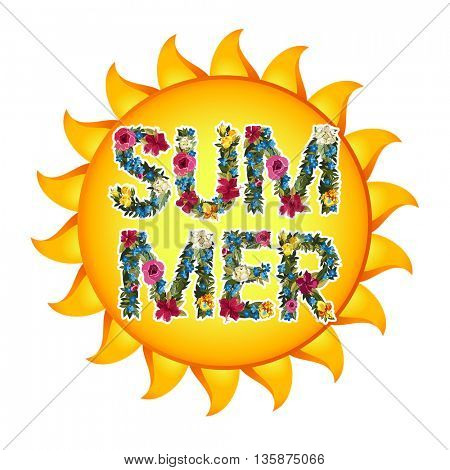 Summer Illustration. shiny sun With floral letters.