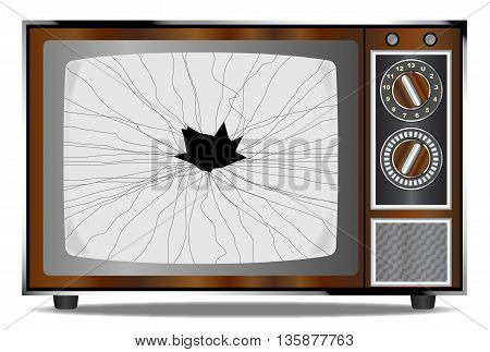 An old wood surround television receiver with a broken screen over a white background