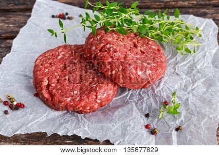Home HandMade Raw Minced Beef steak burgers on scrumbled paper.