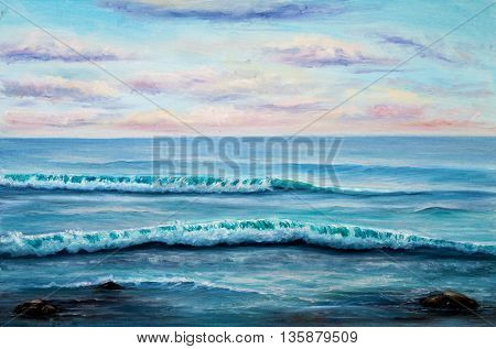 Original oil painting showing ocean or seashore or beach on canvas. Modern Impressionism modernismmarinism