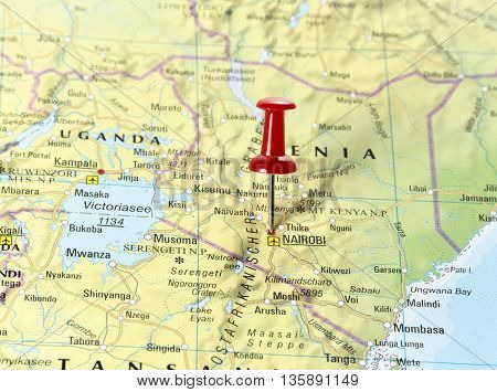 Map with pin set on Nairobi, Kenia.