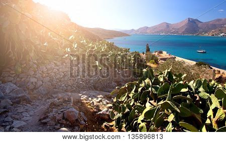 Lovely view of the Mirabello Bay with the island-fortress of Spinalonga. Morning Dawn