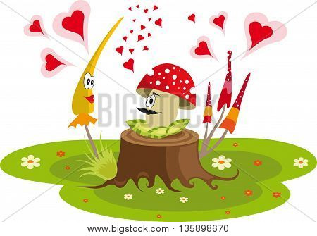 Colorful vector with love mushrooms in the grass