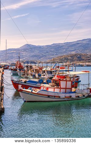 SITIA GREECE - MAY 04 2015: Boats berthed at the sea port town of Sitia on the Greek island of Crete.