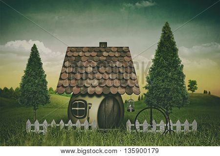 Beauty farmland and house. Abstract fairy tale backgrounds. Retro style with grungy texture for your design, not 3D rendered