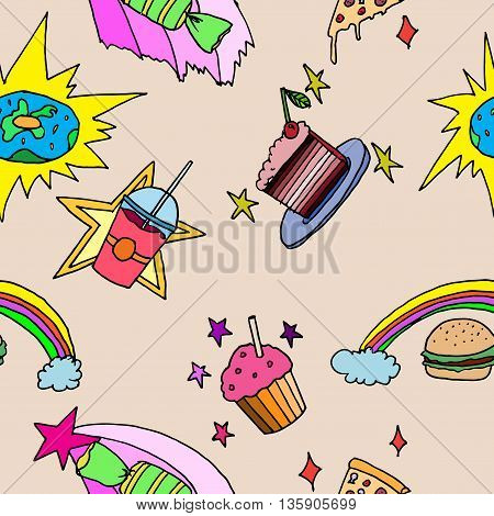 Magic food set. Hand drawn vector stock illustration. Seamless background pattern.