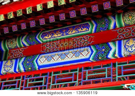 Beijing China - May 4 2005: Hand-painted floral and dragon panels on the Wenchang Gallery arcade at the Summer Palace