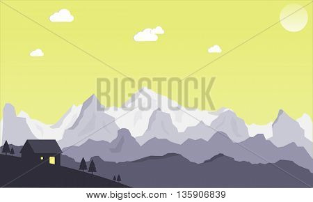 Moiuntain landscape scene vector. Nature scene with cloudy sky. View of mountains with little cottage.