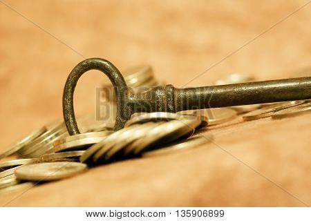 Key and money coins - self realization concept