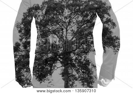 Double Exposure of Businessman with Big Tree as Human bone in Healthy Medical Concept