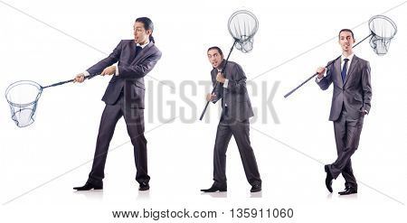 Colage of businessman with catching net on white