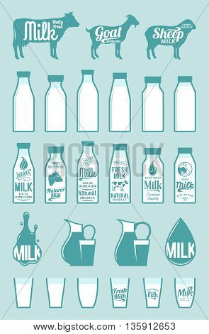 Milk Bottles, Glasses, Icons And Design Elements