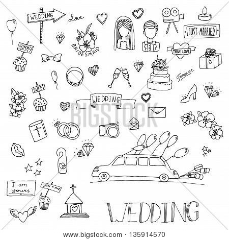 Wedding set icon. Hand drawn vector stock illustration. Black and white whiteboard drawing.