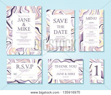 Vector Wedding invitation card suite with ink marble style texture. Hand drawn marbling effect. Background pastel abstraction. Invitation Save the Date rsvp thank you card menu table number.