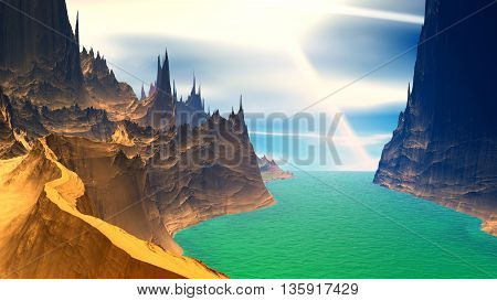 Fantasy Alien Planet. Rocks And Lake. 3D Illustration