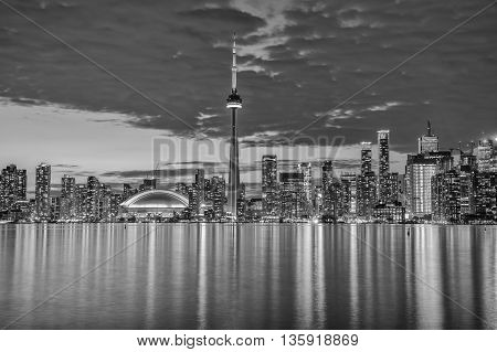 The skyline of the city of Toronto in the evening via long exposure