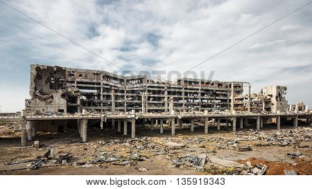 Wide Angle view of donetsk airport ruins after massive artillery shelling