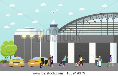 Taxi service company vector concept banner. People catch taxi in airport. Passengers in taxi car.