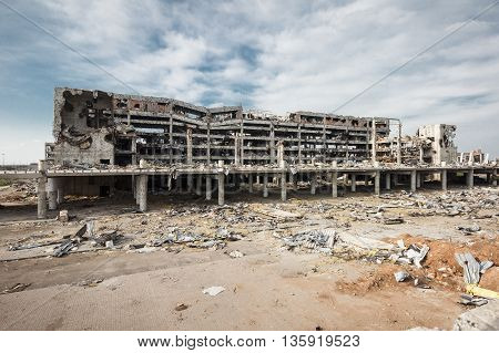 Wide Angle view of donetsk airport ruins after massive artillery shelling