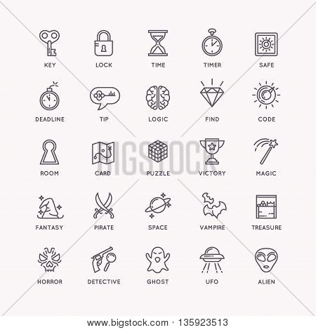 Vector linear icons set for the quest room and room escape.