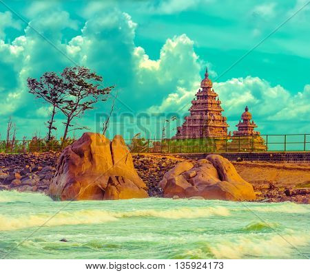 Fantastic Art Design Of Beautiful Landscape  Monolithic Famous Shore Temple Near Mahabalipuram And I