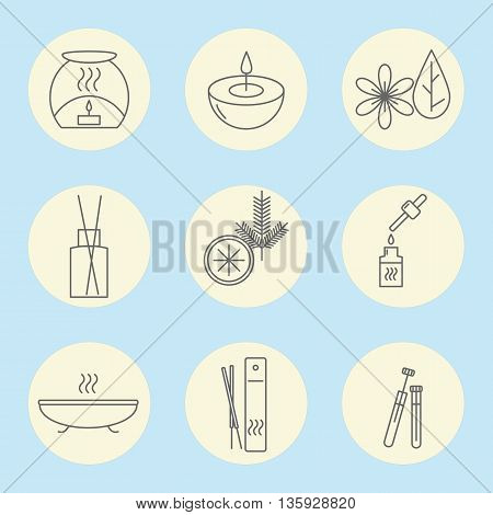 Icon set of aromatherapy on a blue background. Vector illustration.