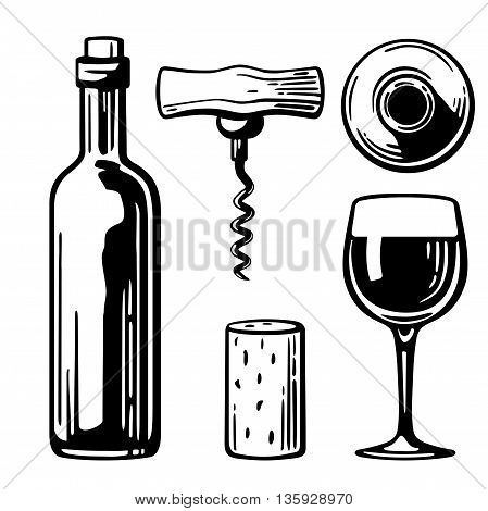 Bottle glass corkscrew cork. Side and top view. Black and white vintage vector illustration for label poster of wine web set icon