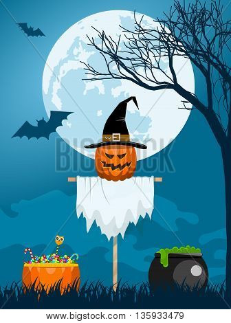 Classic Halloween design with a scarecrow witch caldron candies and bats flying at the full moon