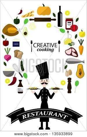 Collection of food ingredients with Chef . Vector/ Illustration