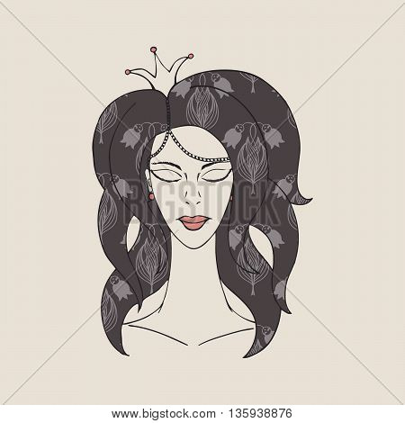 princess with crown with eyes closed on a beige background.